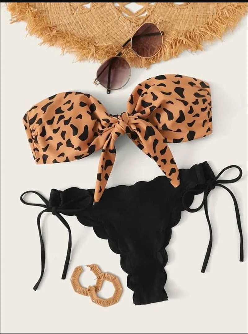 

HOHL Sexy Front Lace Up Tie Strapless Leopard Swimsuit 2020 Woman Beach Bikini