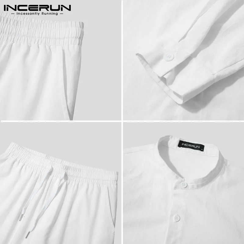 

Men Sets Cotton Solid Color Streetwear Stand Collar Long Sleeve Shirt & Pants Two Pieces Sets 2021 Men Casual Suits INCERUN 5XL