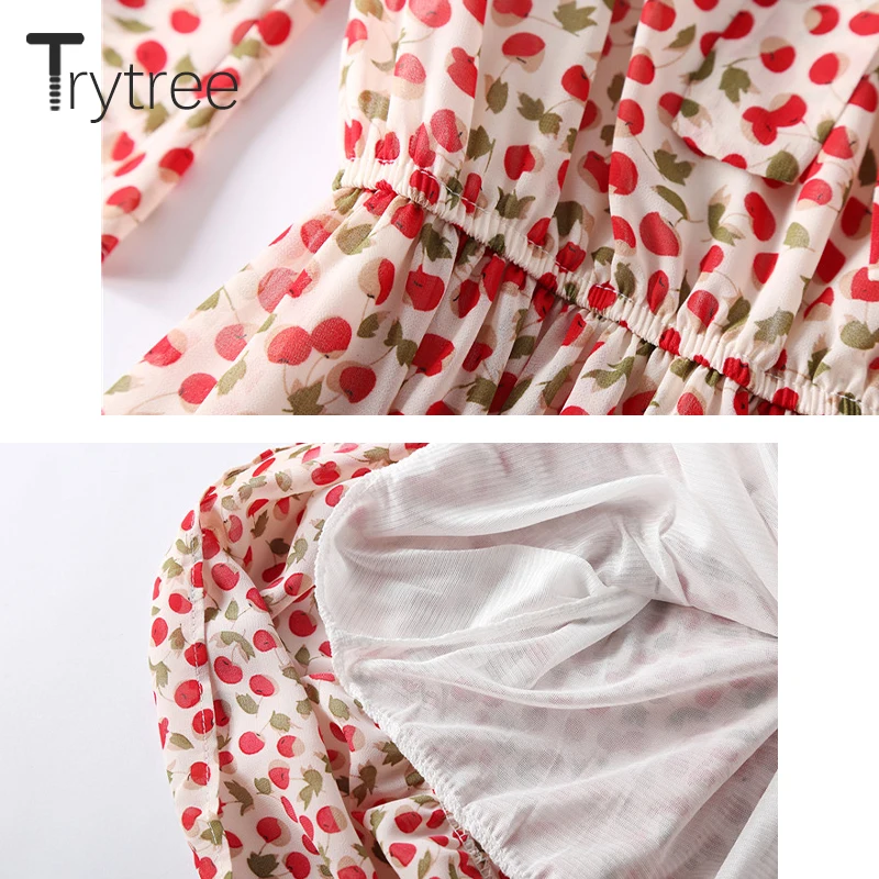 Trytree 2020 Spring Summer Women Dress Casual Bow Flare Sleeve print A-line Ruffle 6 Color Elegant Knee-Length | Женская одежда