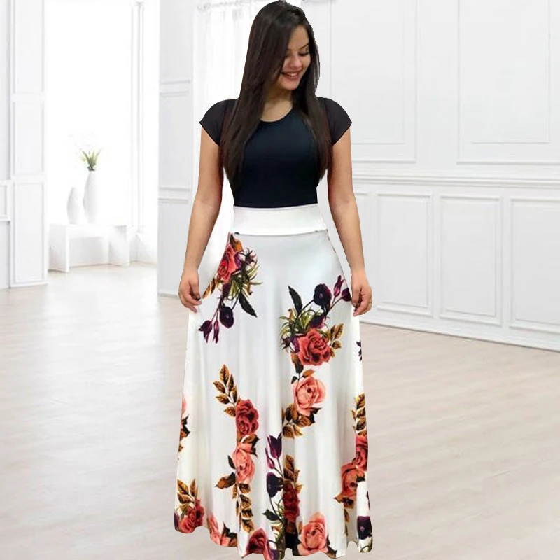 Женское длинное платье с цветочным принтом летнее коротким рукавом и круглым