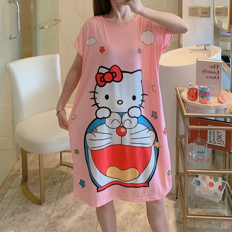 

Tonngirls Nightgowns Cartoon Doreamon Cute Short Sleeve O Neck Night Dress Sleepwear Homewear 2021 Summer Night Gown