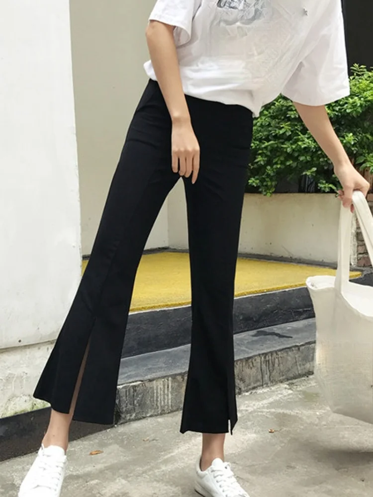 

ZHOUTAYLOR Woman Pants Fashion High Waisted Flare Trousers Femme Korean Elastic Waist Solid Ankle-Length Bottoms Female S0287