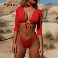 vigocasey long sleeve swimwear women sexy solid thong bikini 2021 deep v tied swimsuit female push up bikinis set bathing suit