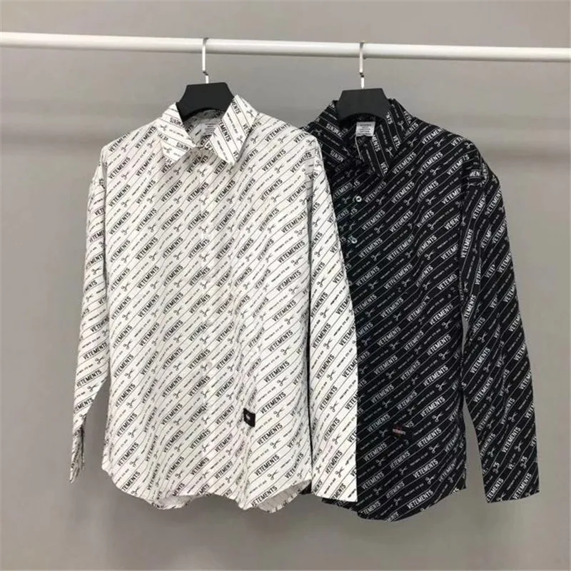 

20SS new Korea hiphop Oversize Vetements Shirts Men Women Black white logo printing Shirt V-shaped embroidery VTM Long Sleeve