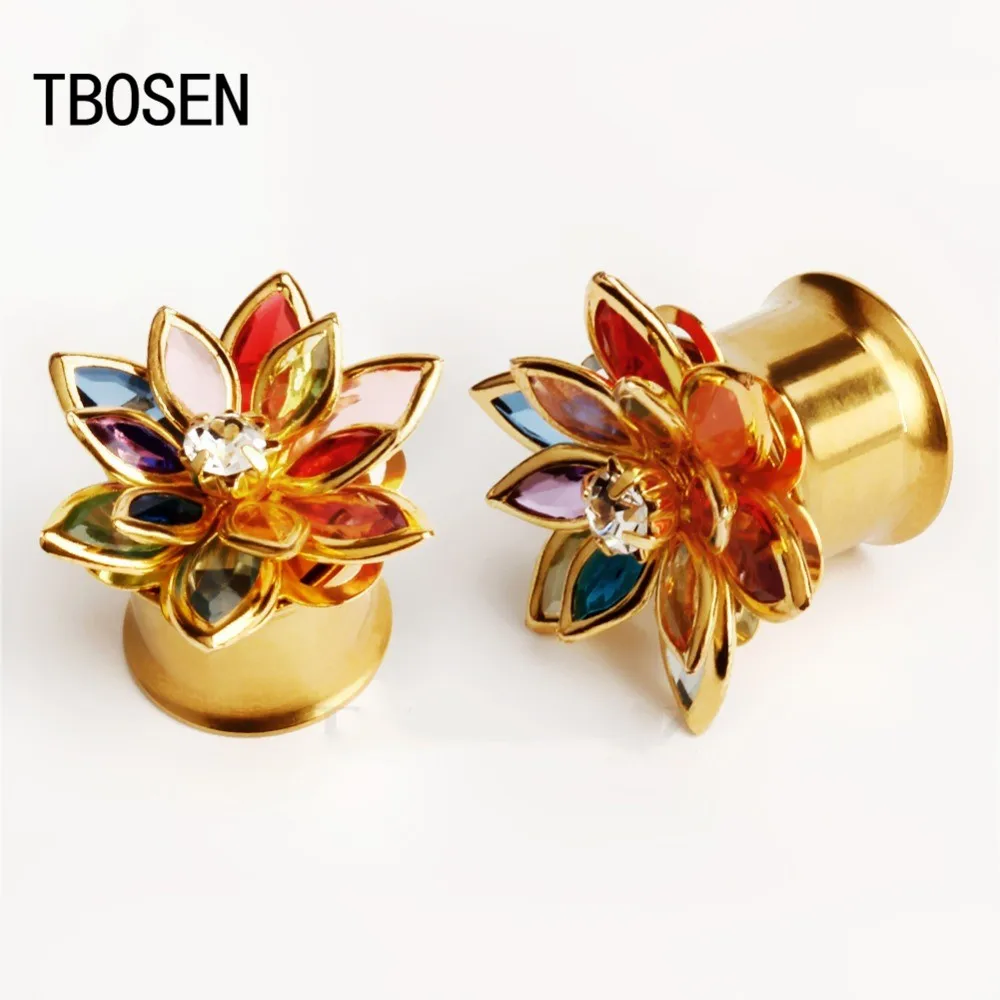 TBOSEN new arrival fashion flower ear plugs stainless steel gold tunnels piercing gauges metal body jewelry pair selling | Украшения и