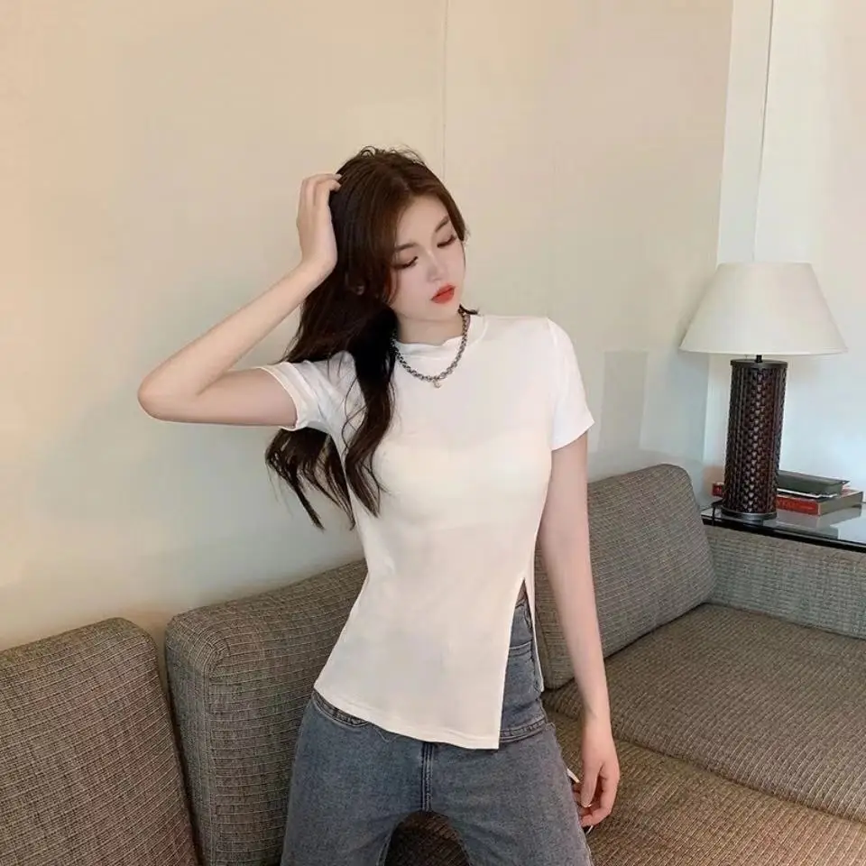 

Slim Round Neck Short-sleeved T-shirt Women's Summer 2021 New Design Sense Of Fashion And Thin Split Bottoming Shirt Top