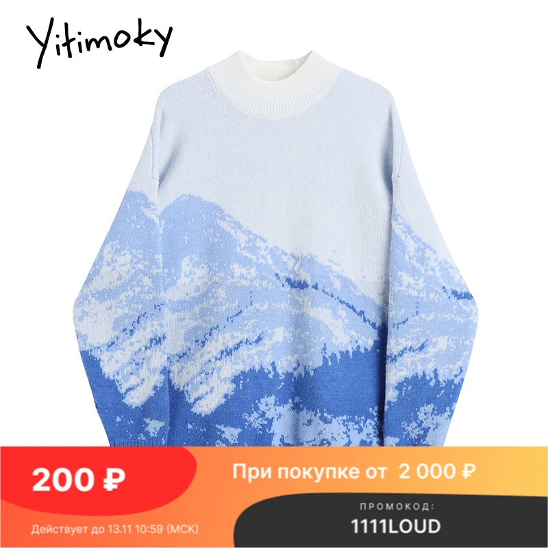 

Толстые женские зимние свитера Yitimoky с принтом, 2021, одежда, корейский кремово-белый Повседневный свободный синий модный свитер с круглым выр...