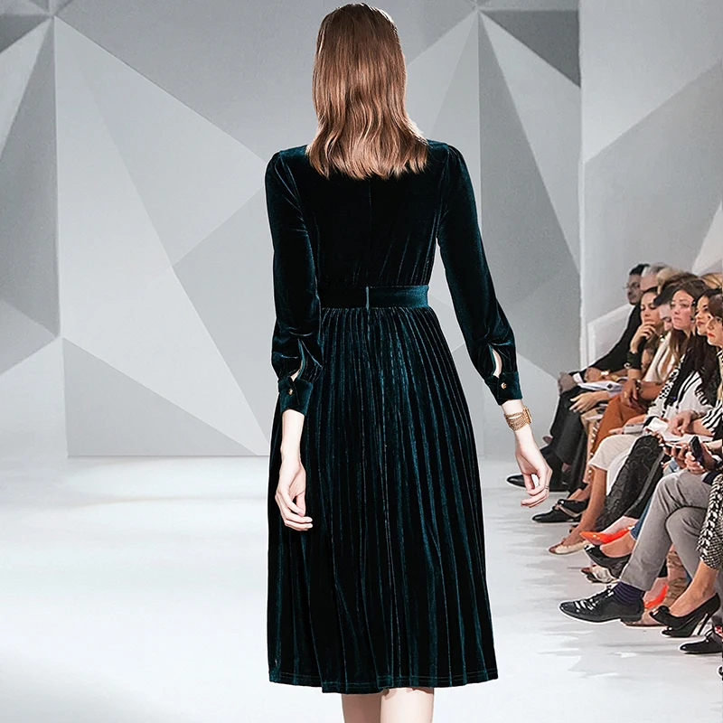 

Fashion Runway Velvet Pleated Midi Long Dress Vintage Elegant Button Pleated Velvet Party Dresses Lady Work Vestido Plus 2XL