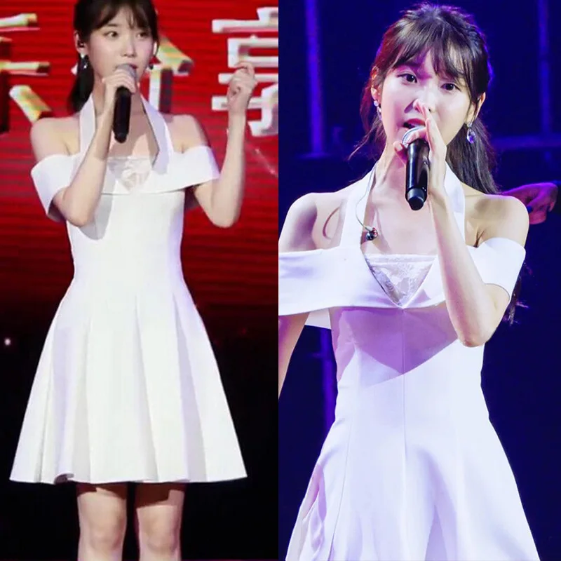 

Kpop IU Lee Ji Eun, летнее новое модное сексуальное платье без бретелек, женское вечернее элегантное мини-платье с открытой спиной и лямкой на шее