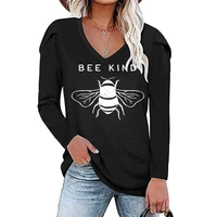 bee kind printed womens long sleeve t shirt cotton casual funny v neck t shirt suitable for yong ladies loose tops trendy