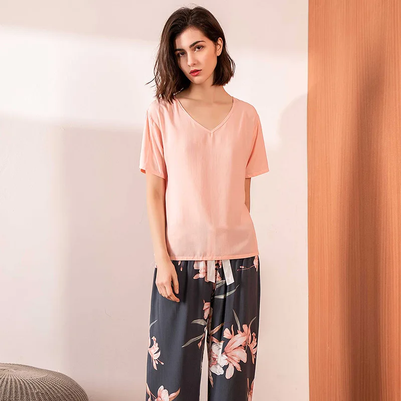 Женский пижамный комплект с цветочным принтом розовый хлопковый сатиновый v