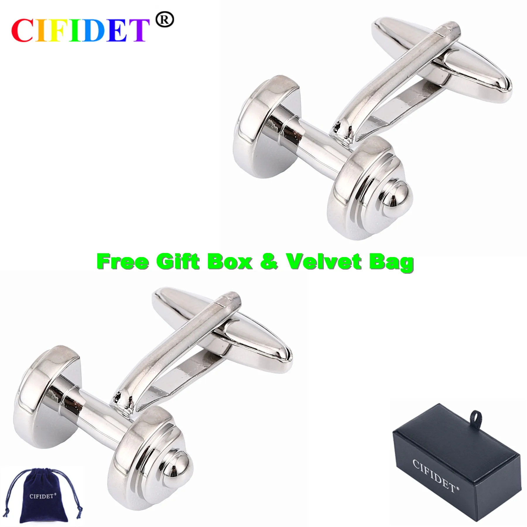 

CIFIDET Sports Cufflink Modern Silver Dumbbell Shirt Cuff Link With Velvet Bag and Gift Box Jewelry Accessories Present for Men