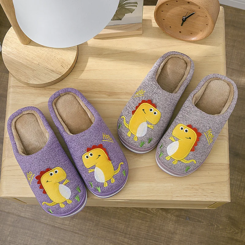 Зимние новые детские хлопковые тапочки домашние с динозавром из мультфильма