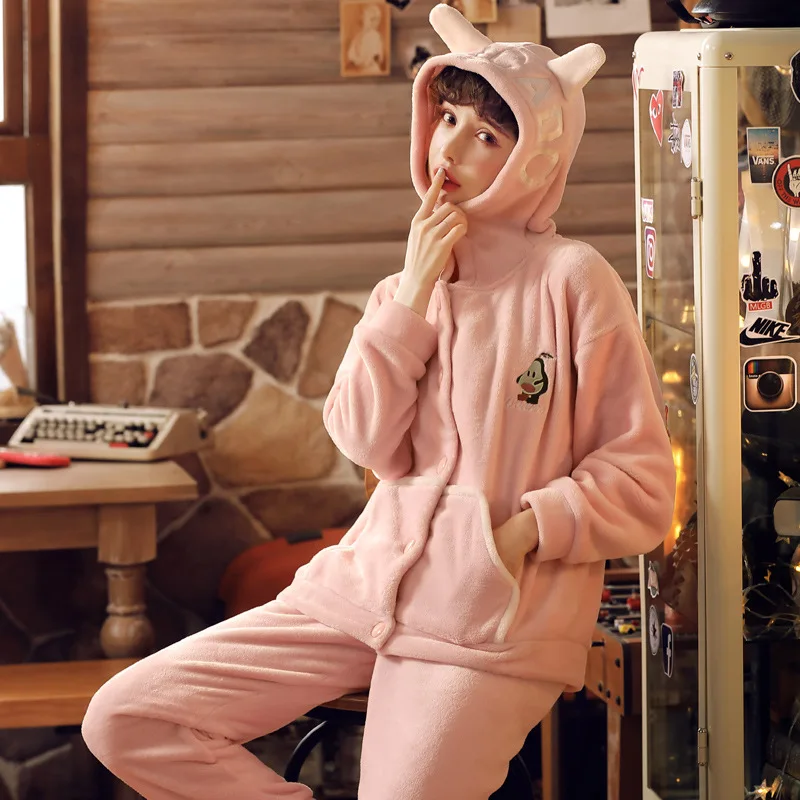 Фланелевый пижамный комплект с рисунком для женщин толстый осенне зимний