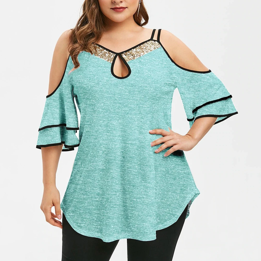 Блузка женская однотонная с открытыми плечами воланом и асимметричным подолом -