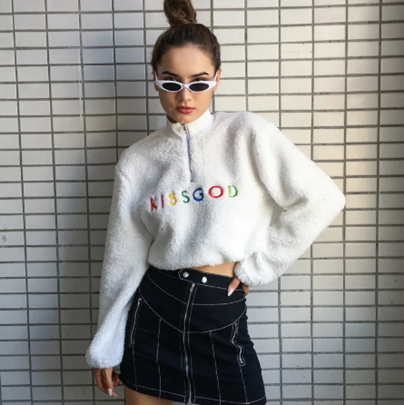 

Women's Warm Lamp Wool Sweater, Long Sleeve High Collar Zipper Front Top with Adjustable Inner Drawstring in Waist