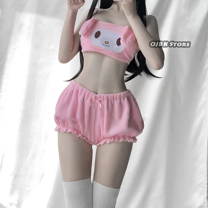 Pink OJBK, сексуальные костюмы AnimeCosplay, бюстгальтер с длинными ушами и панталоны, розовый и белый, Kwaii, бархатный топ-труба и трусики, комплект для девочек - Цвет: Pink