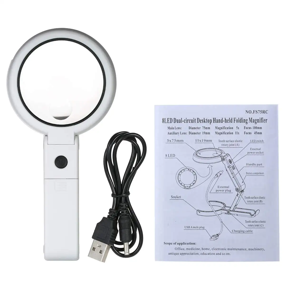 

5X 11X Folding Lamp Lupa Loupe Magnifier Reading Portable Handheld Illuminated Magnifying Glass With 8 LED Lights for Newspaper