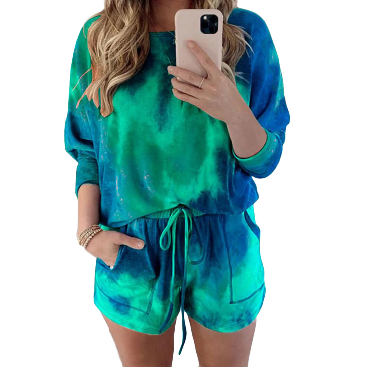 

AA Women Tie-dye Print Outfits Summer Long Sleeve Round Neck T-shirt Drawstring Shorts Casual Style Clothes Women Set Matching