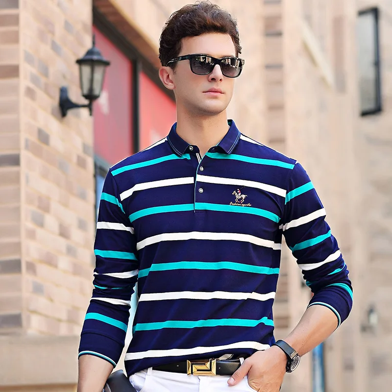 

Men's Spring New Polo Shirt Social Business Dress Shirt Soft Striped Shirt Lapel Cotton Long-Sleeved Polo Shirt Men Clothing 3XL