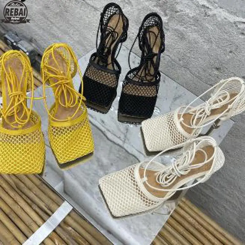 

New Nude Black Net Mesh Brand Shoes High Heel Sandals Women Square Toe Ankle Strap Summer Sandals Sexy Lace Up Party Shoes Woman