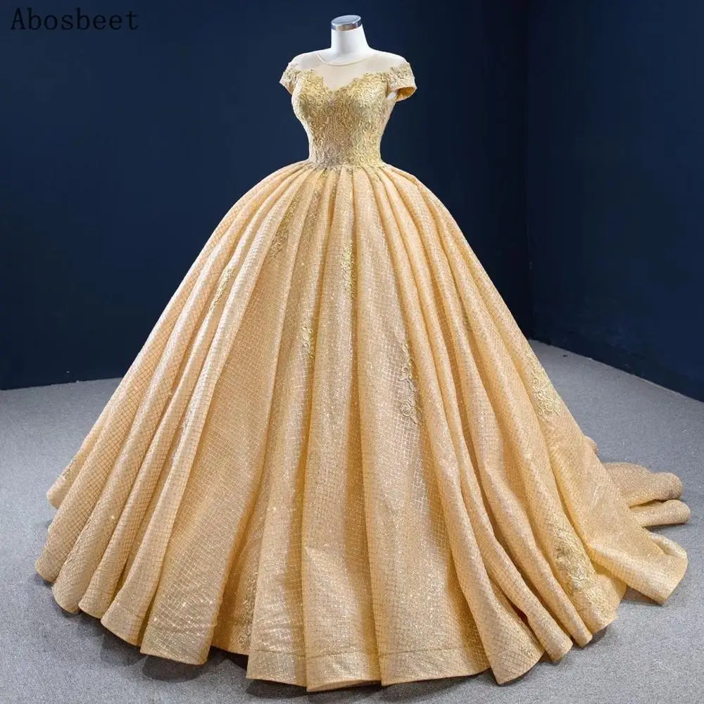 Grid Lace Champagne Ball Gown Evening Dress Short Sleeve Luxury Long Prom Party Women Wear Small Train Lace Up Back