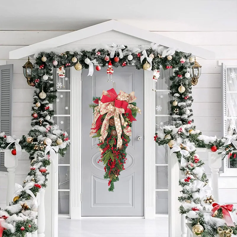 Corona Roja con cintas, &aacute;rboles de pino, bayas, Vintage, decoraciones navide&ntilde;as, guirnalda para puerta y ventana-5