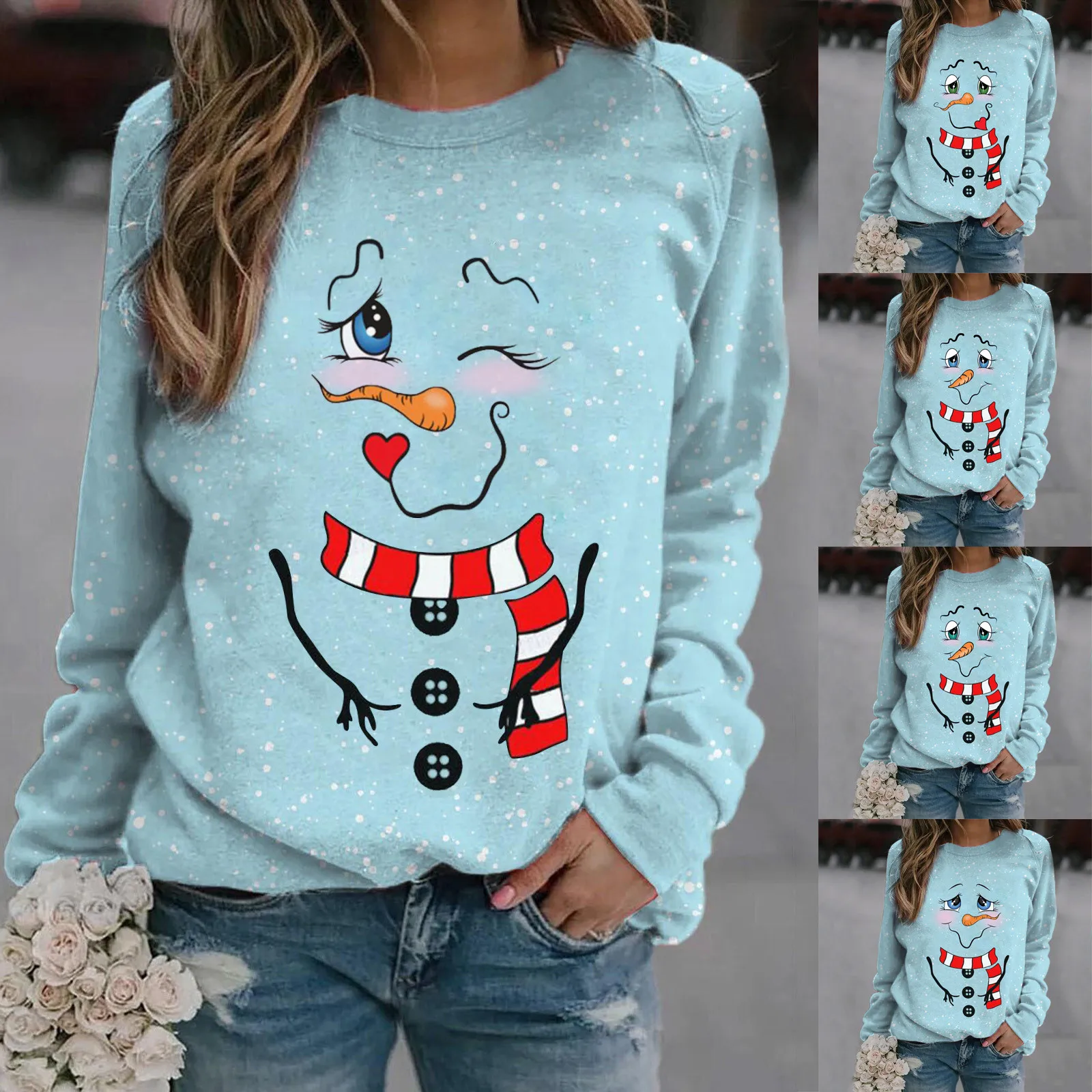 Модная Рождественская блузка с принтом снеговика свободные топы круглым вырезом