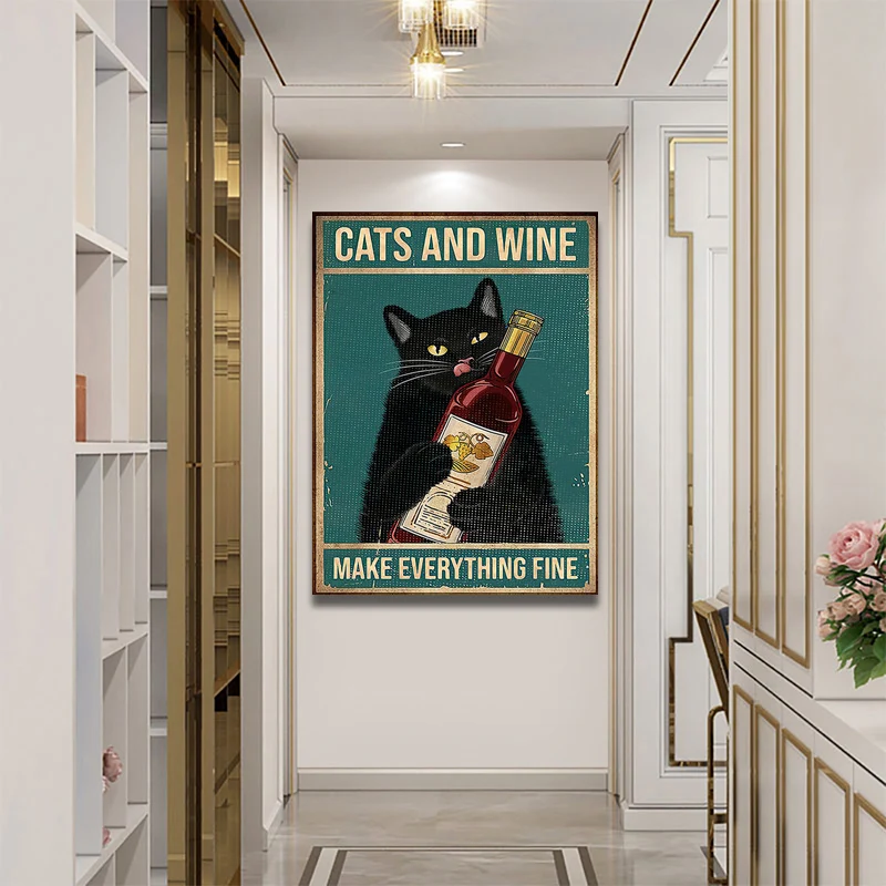 

Cat and Wine Make Everything Fine Poster Funny Vintage Canvas Prints Painting Animal Retro Sign Wall Art Picture for Home Decor