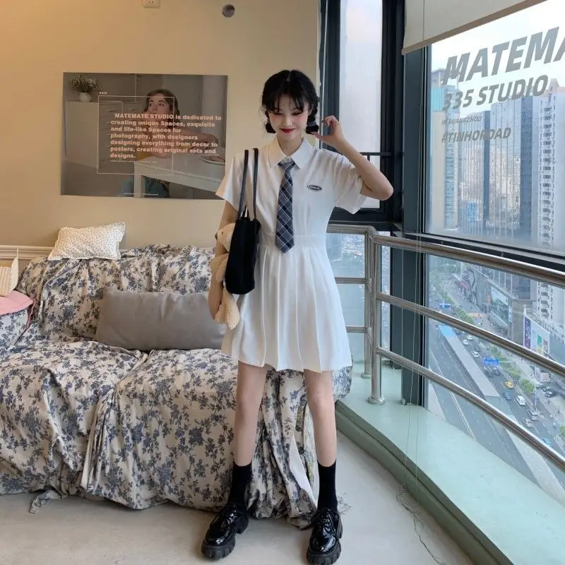 

College style JK white dress 2021 summer short skirt Polo collar short sleeve pleated skirt women Korean fashion student uniform