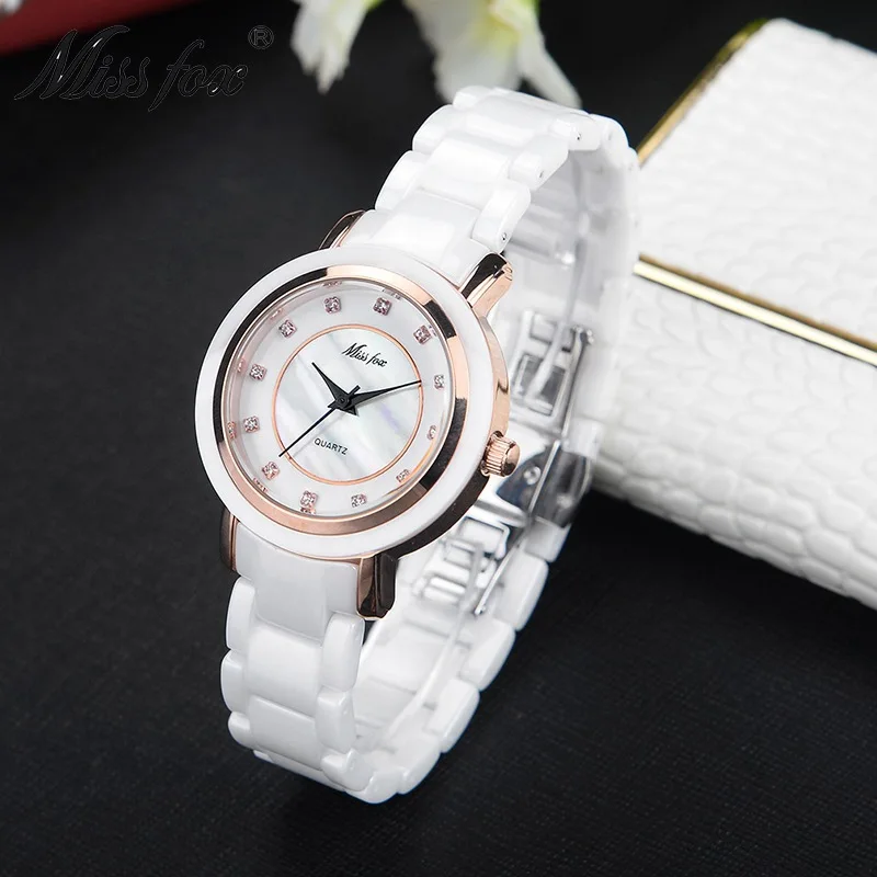 Белые круглые водонепроницаемые высококачественные керамические часы женские