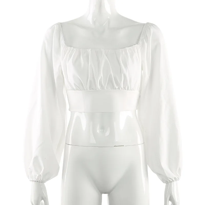 Женские короткие блузки с квадратным вырезом и рюшами длинным рукавом