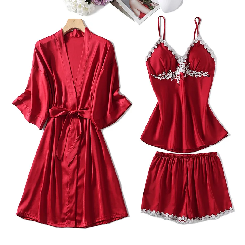 

Summer Lace Trim Pajamas Set Women Satin 3PCS Sleepwear Sexy V-neck Kimono Gown Casual Pijamas Suit Full Slip Robe Suit