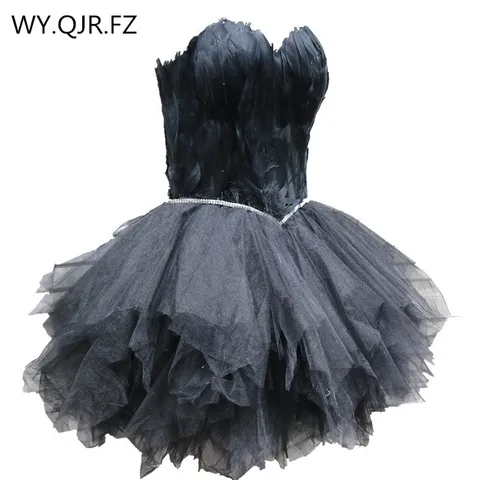 QNZL-95#Black White Evening Dresses Short Feather Bra Skirt Birthday Prom Party Cocktail Dress Ballet puffy dress lace up Girls