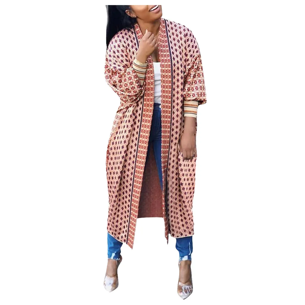 Винтажное длинное кимоно в горошек Женская длинная куртка с длинным рукавом