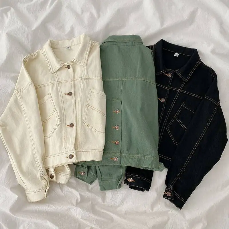 

Plus size vintage solid Women jean jacket 2021 Autumn Korean fashion Loose Long sleeve short denim jackets casual female coa