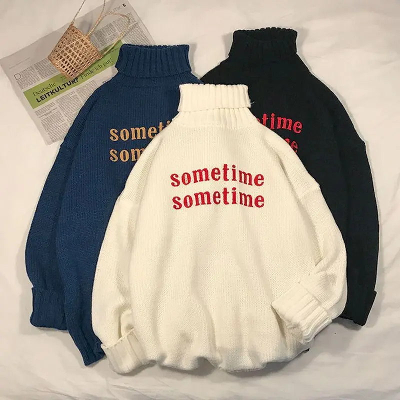 

Turtleneck sweater knit pullovers long sleeve sometime embroidered outerwear men women autumn winter Korean thicken couple tops