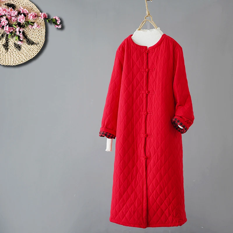 2022 Winter Women New Cotton Linen Mid-Length Padded Coat National Wind Retro Disc Button Thickened Cotton Robe Cotton Coat s906