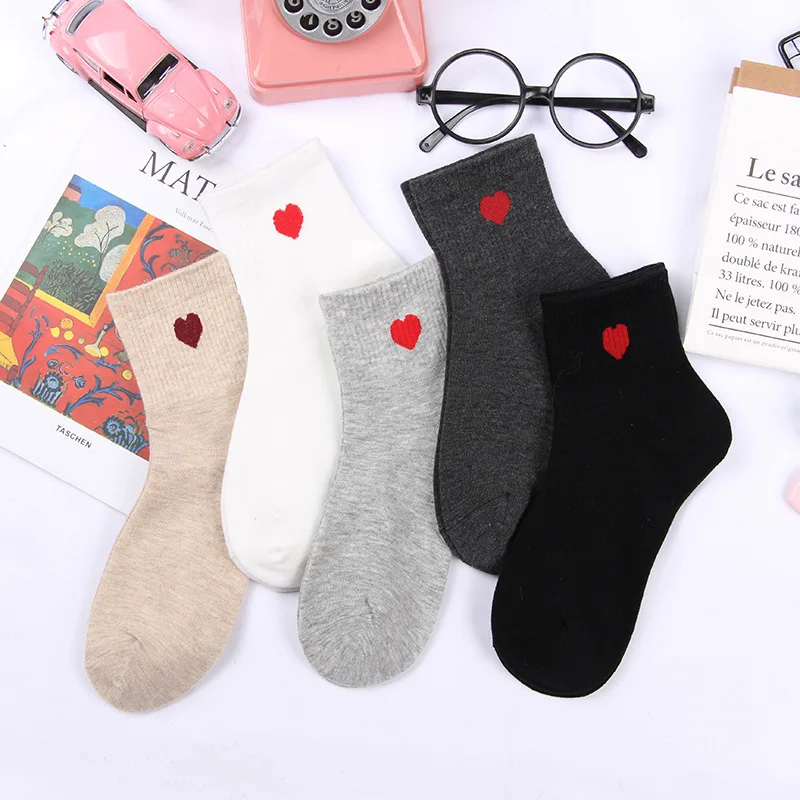 1 Pair New Cute Socks Women Red Heart Pattern Soft Breathable Cotton Ankle-High Casual Comfy Preppy Style | Женская одежда