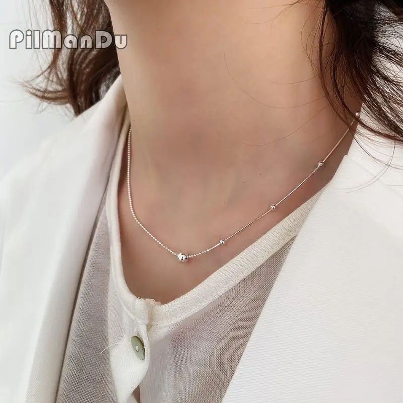

PilManDu S925 Sterling Silver Necklace Geometric Snake Bone Round Beads Choker Necklace For Women Girls Party Clavicle Chain