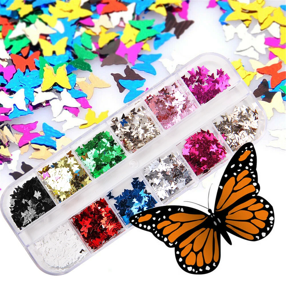 12 сетки Блеск Зеркало Бабочка ногтей блестки смешанные цвета 3D Радужный Звезда