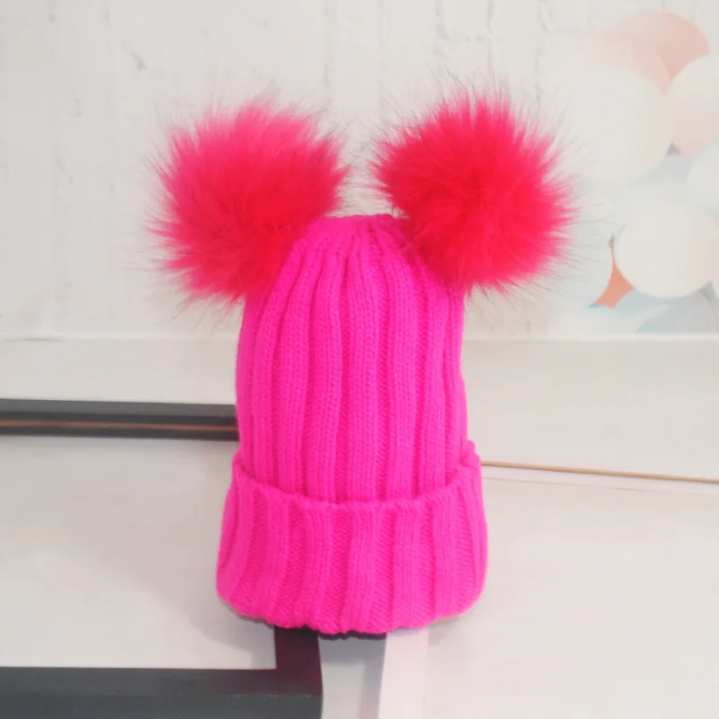 Модная вязаная шапка с двумя помпонами из искусственного лисьего меха зимние