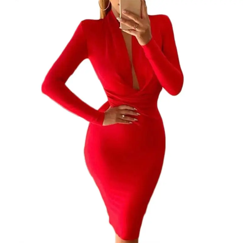 

Womens Long Sleeve Plunge Deep V-Neck Bodycon Midi Long Dress Knee Length Solid Color Cross Wrap Empire Waist Party Clubwear