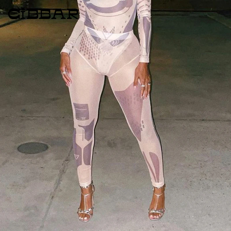 

CIBBAR Mesh Skinny Printing Long Pants Women Sexy See Through High Waist Aesthetic Female Legging Bodycon Hot Clubwear Trousers
