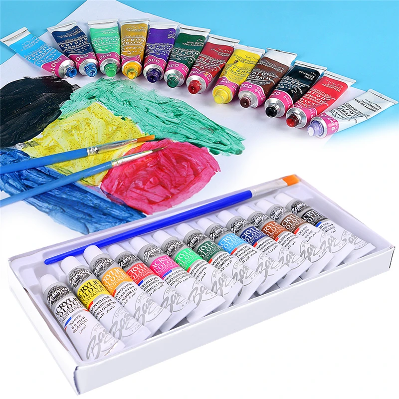 

6 ML 12 Color Professional Acrylic Paint Watercolor Set Hand Wall Painting Brush E7CC