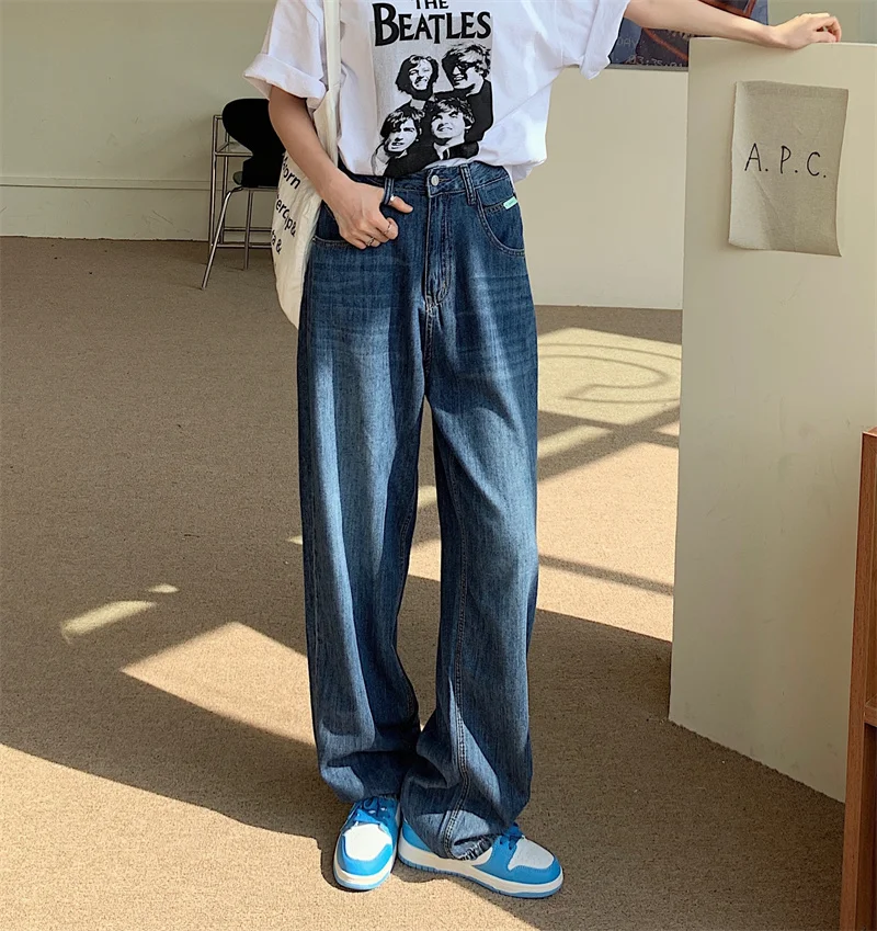

Dark Blue Wide Leg Jeans Autumn High Waist Drop Feeling Floor Mops Versatile Straight Pants Rac