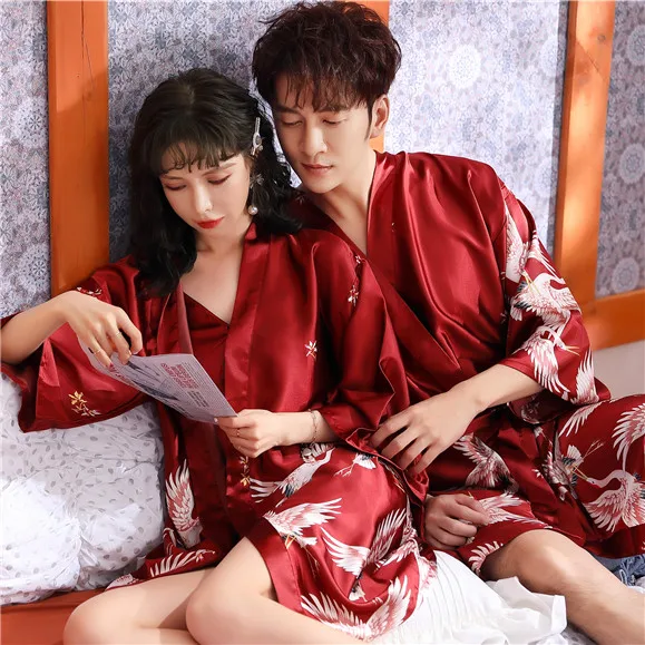 

Men Print Lounge Sleepwear Faux Silk Nightwear Men Comfort Silky Bathrobes Noble Dressing Gown Men Sleep Robes Couples Lovers