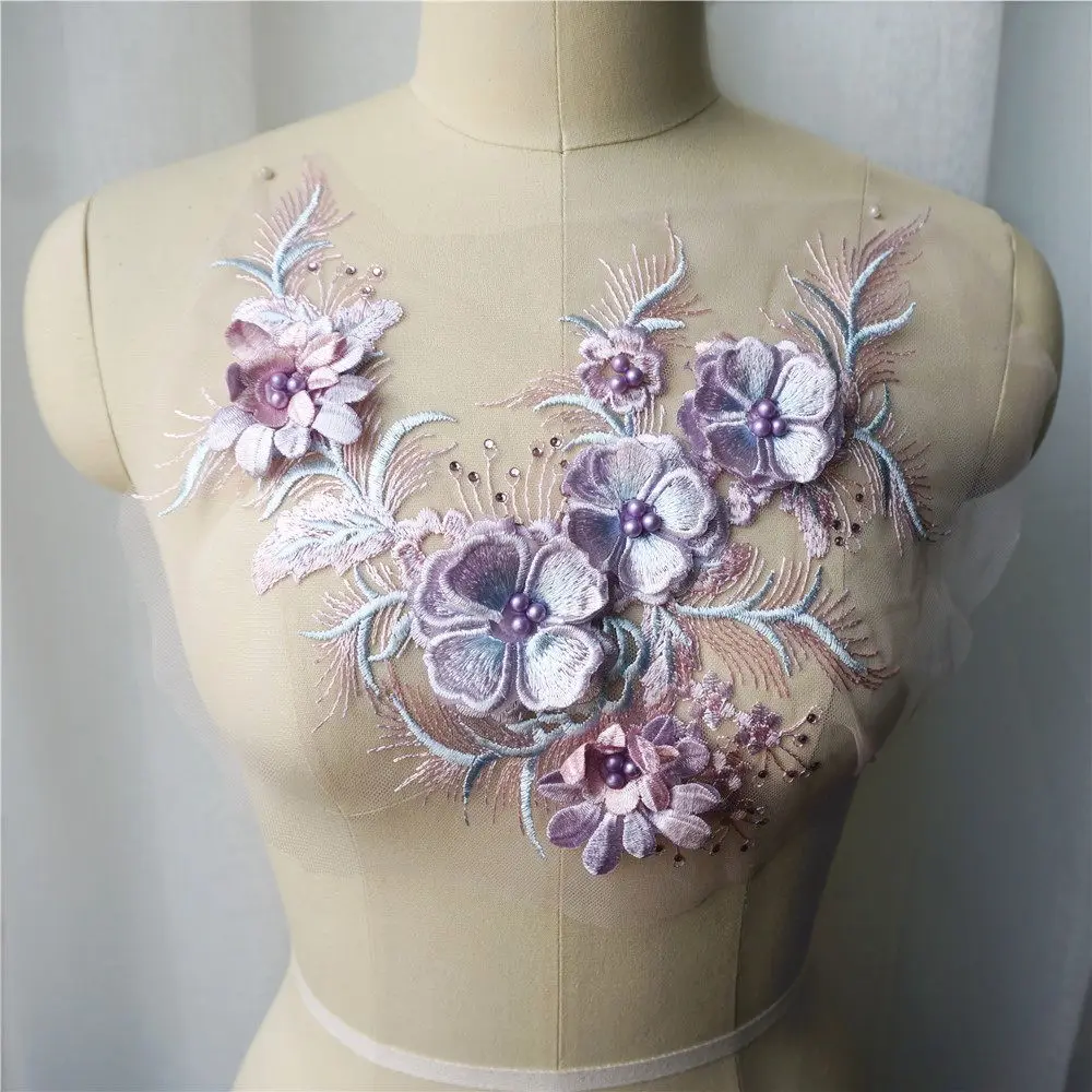 Фиолетовая 3D Цветочная кружевная ткань бусины Стразы кисточка вышитая одежда