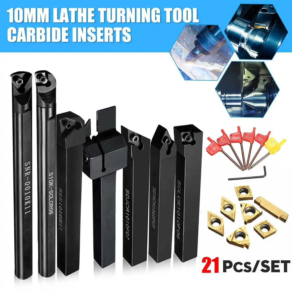 

21Pcs Set 10mm Lathe Turning Tool Holder Boring Bar DCMT CCMT Carbide Inserts Wrench T8 for Lathe Turning Tool