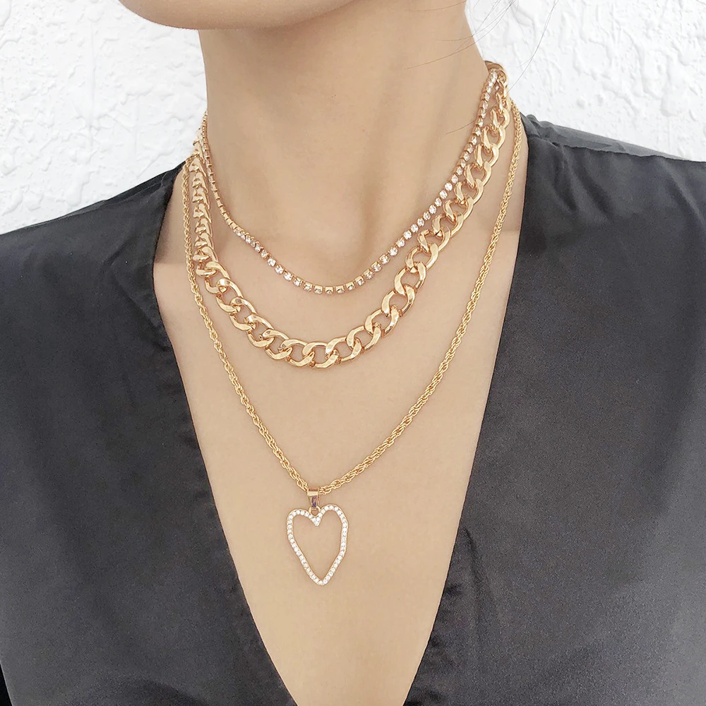 

WG Multi-layer Simple Geometric Love Necklace Pendant Retro Fashion Micro Inlaid Stacking Necklace Jewelry